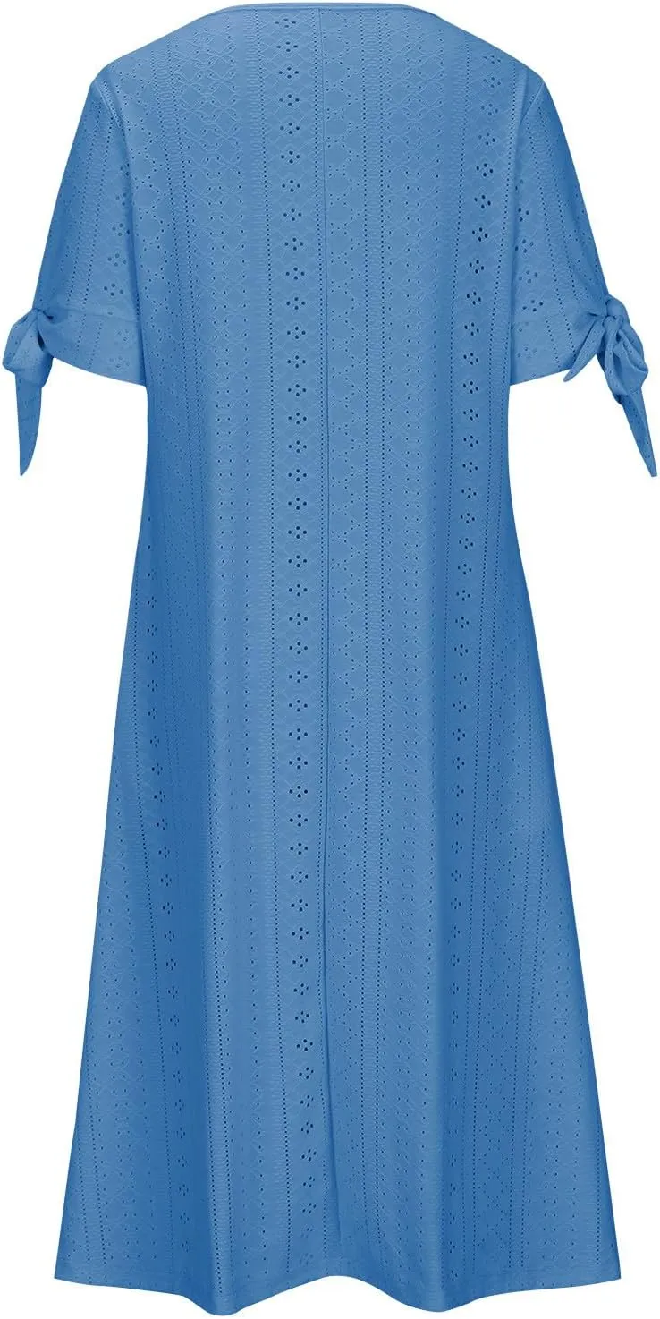 Summer Dresses for Women 2025 V Neck Eyelet Midi Dress Beach Vacation Short Sleeve Button Up Sundress with Pockets