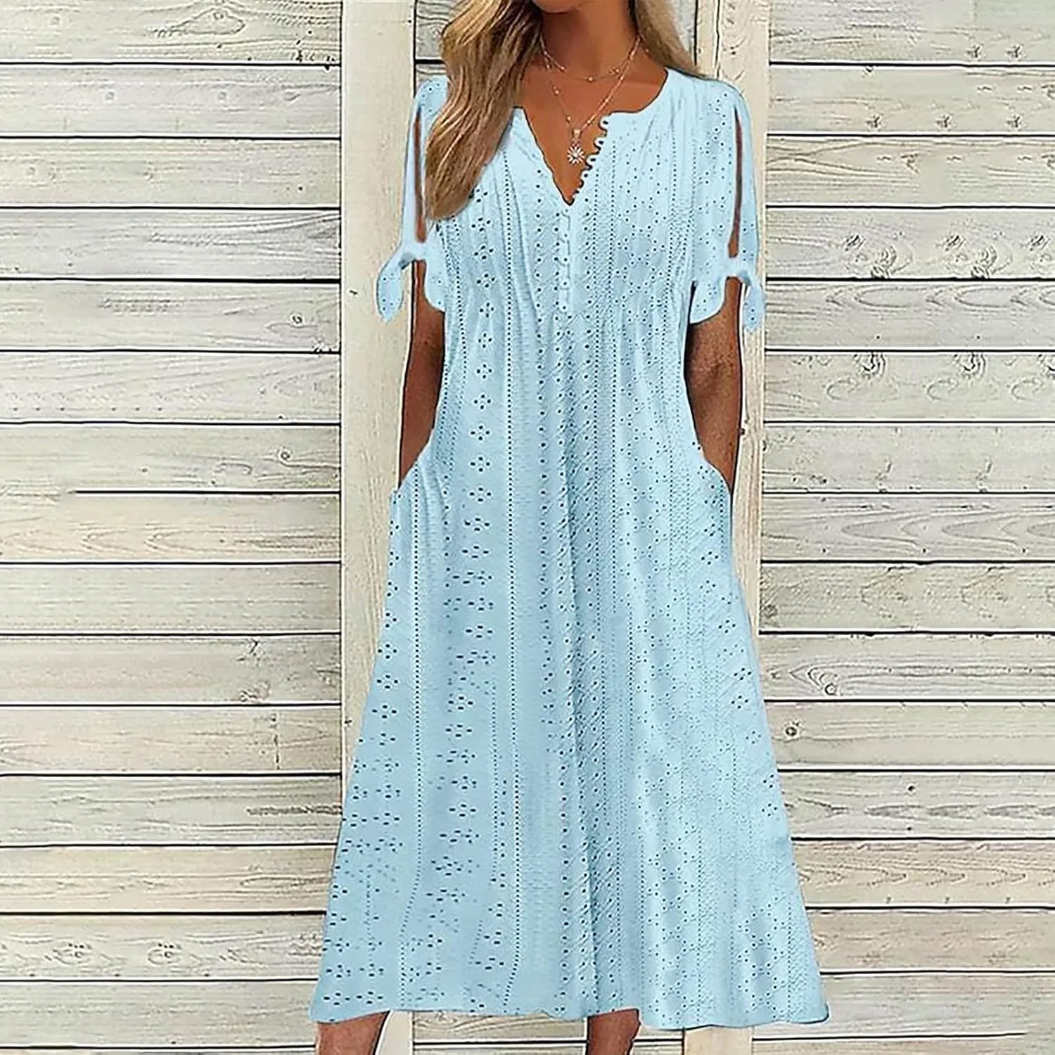 Summer Dresses for Women 2025 V Neck Eyelet Midi Dress Beach Vacation Short Sleeve Button Up Sundress with Pockets