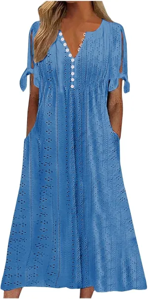 Summer Dresses for Women 2025 V Neck Eyelet Midi Dress Beach Vacation Short Sleeve Button Up Sundress with Pockets