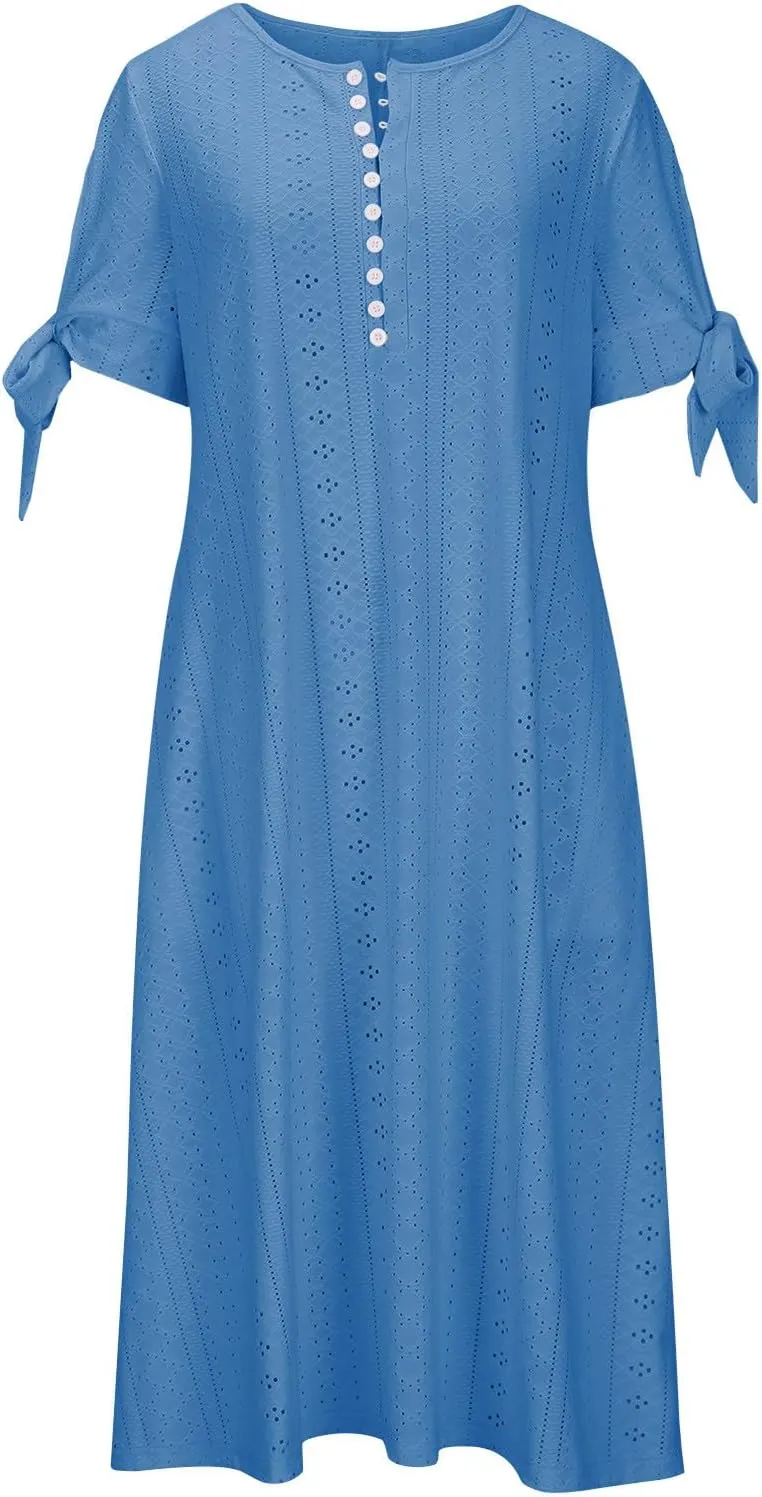 Summer Dresses for Women 2025 V Neck Eyelet Midi Dress Beach Vacation Short Sleeve Button Up Sundress with Pockets