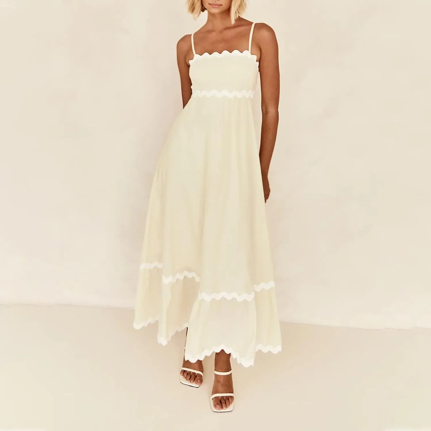 Summer Maxi Dresses for Women 2024 Casual RIC Rac Spaghetti Strap Dress Beach Vacation A Line Flowy Swing Sundresses