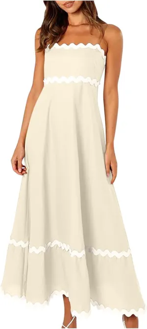 Summer Maxi Dresses for Women 2024 Casual RIC Rac Spaghetti Strap Dress Beach Vacation A Line Flowy Swing Sundresses