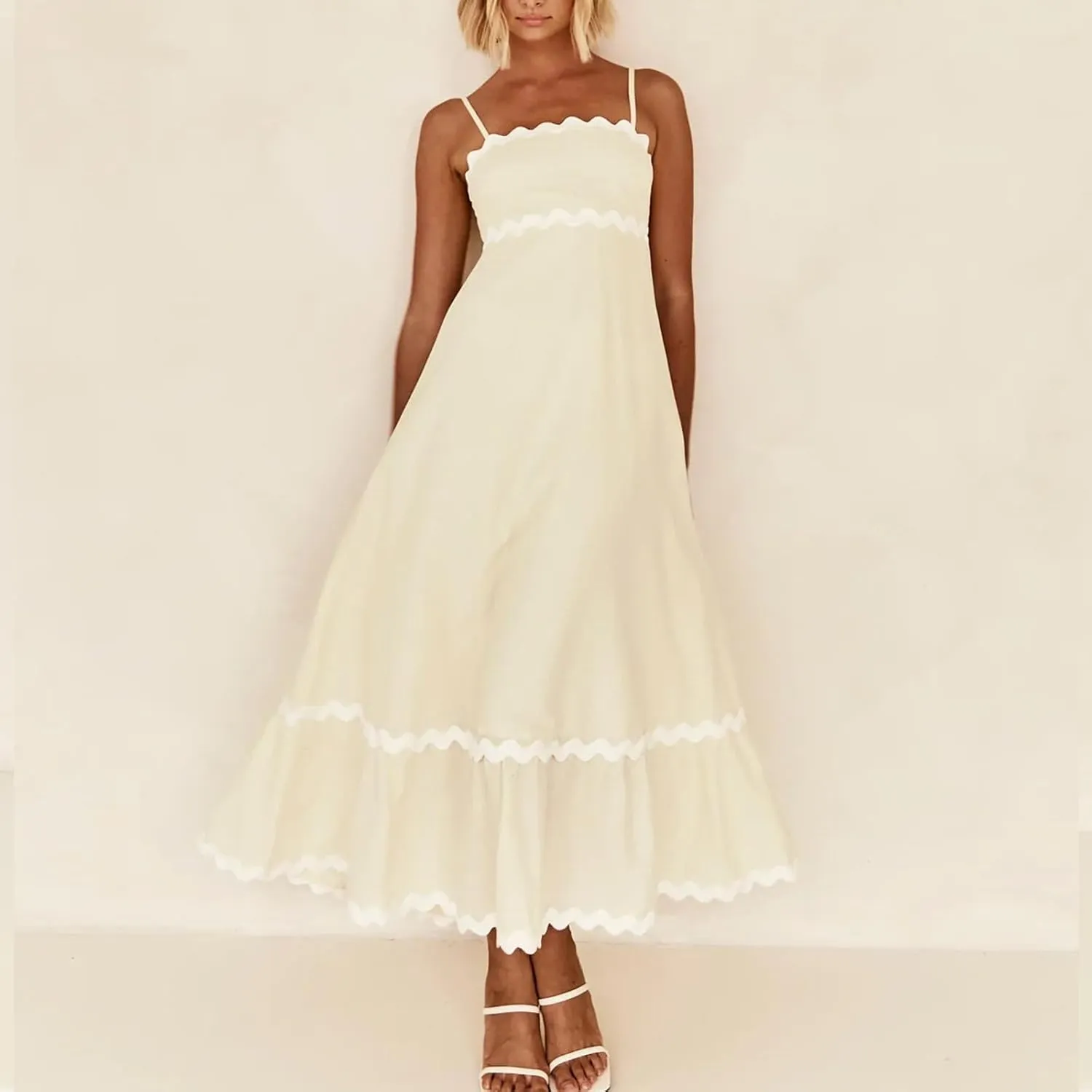 Summer Maxi Dresses for Women 2024 Casual RIC Rac Spaghetti Strap Dress Beach Vacation A Line Flowy Swing Sundresses