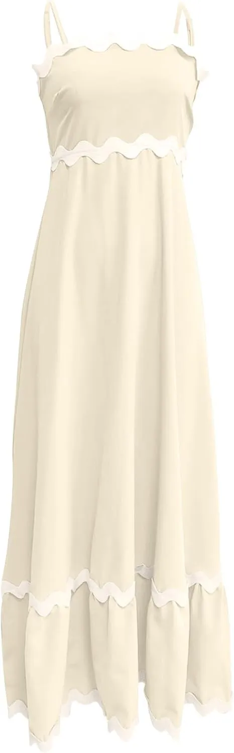 Summer Maxi Dresses for Women 2024 Casual RIC Rac Spaghetti Strap Dress Beach Vacation A Line Flowy Swing Sundresses