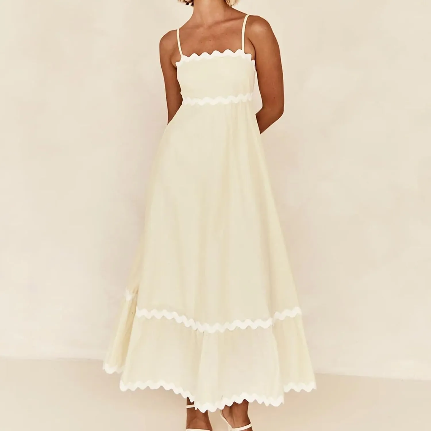 Summer Maxi Dresses for Women 2024 Casual RIC Rac Spaghetti Strap Dress Beach Vacation A Line Flowy Swing Sundresses