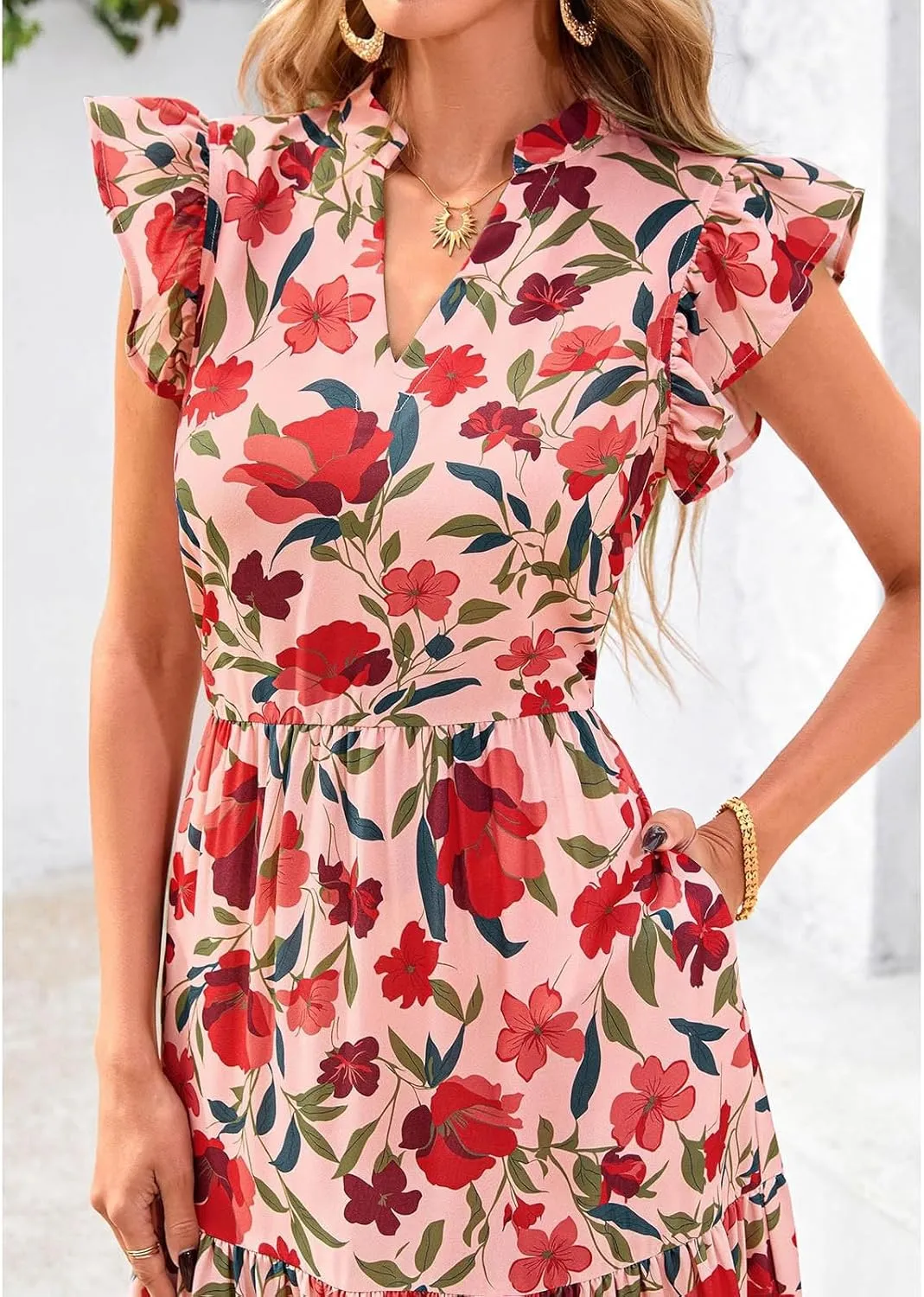 Summer Midi Dresses for Women 2025 Casual Boho Floral Beach Vacation Sundress V Neck Cap Sleeve Flowy Long Dresses