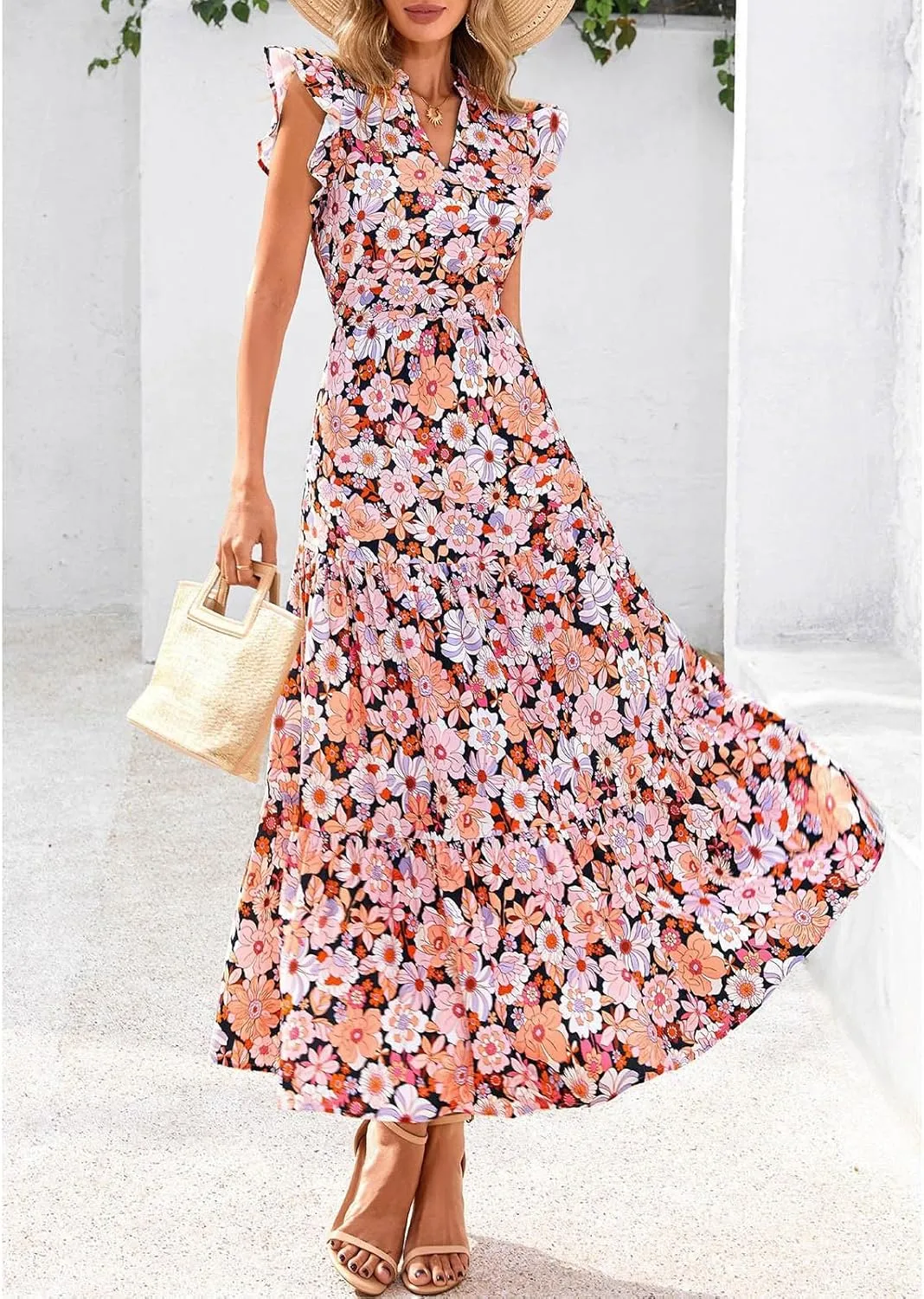 Summer Midi Dresses for Women 2025 Casual Boho Floral Beach Vacation Sundress V Neck Cap Sleeve Flowy Long Dresses