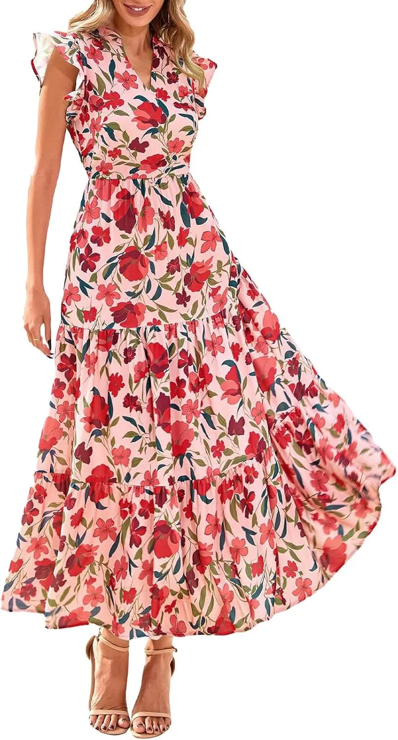 Summer Midi Dresses for Women 2025 Casual Boho Floral Beach Vacation Sundress V Neck Cap Sleeve Flowy Long Dresses