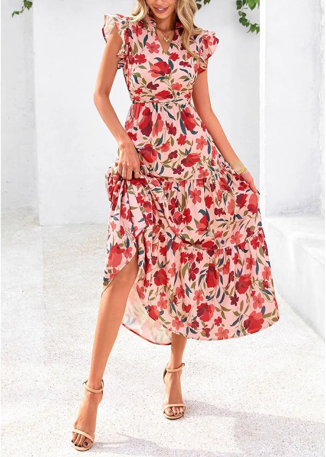Summer Midi Dresses for Women 2025 Casual Boho Floral Beach Vacation Sundress V Neck Cap Sleeve Flowy Long Dresses