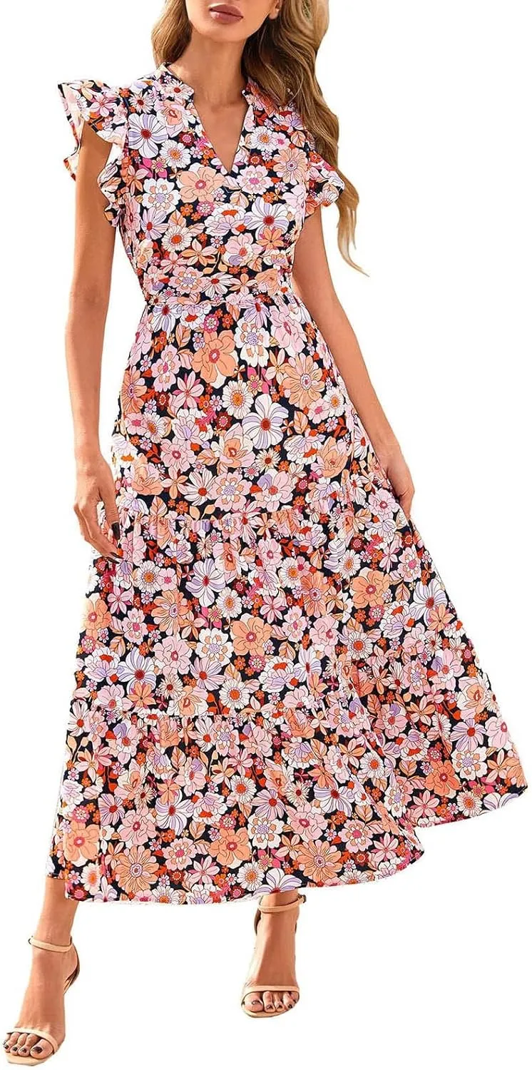 Summer Midi Dresses for Women 2025 Casual Boho Floral Beach Vacation Sundress V Neck Cap Sleeve Flowy Long Dresses