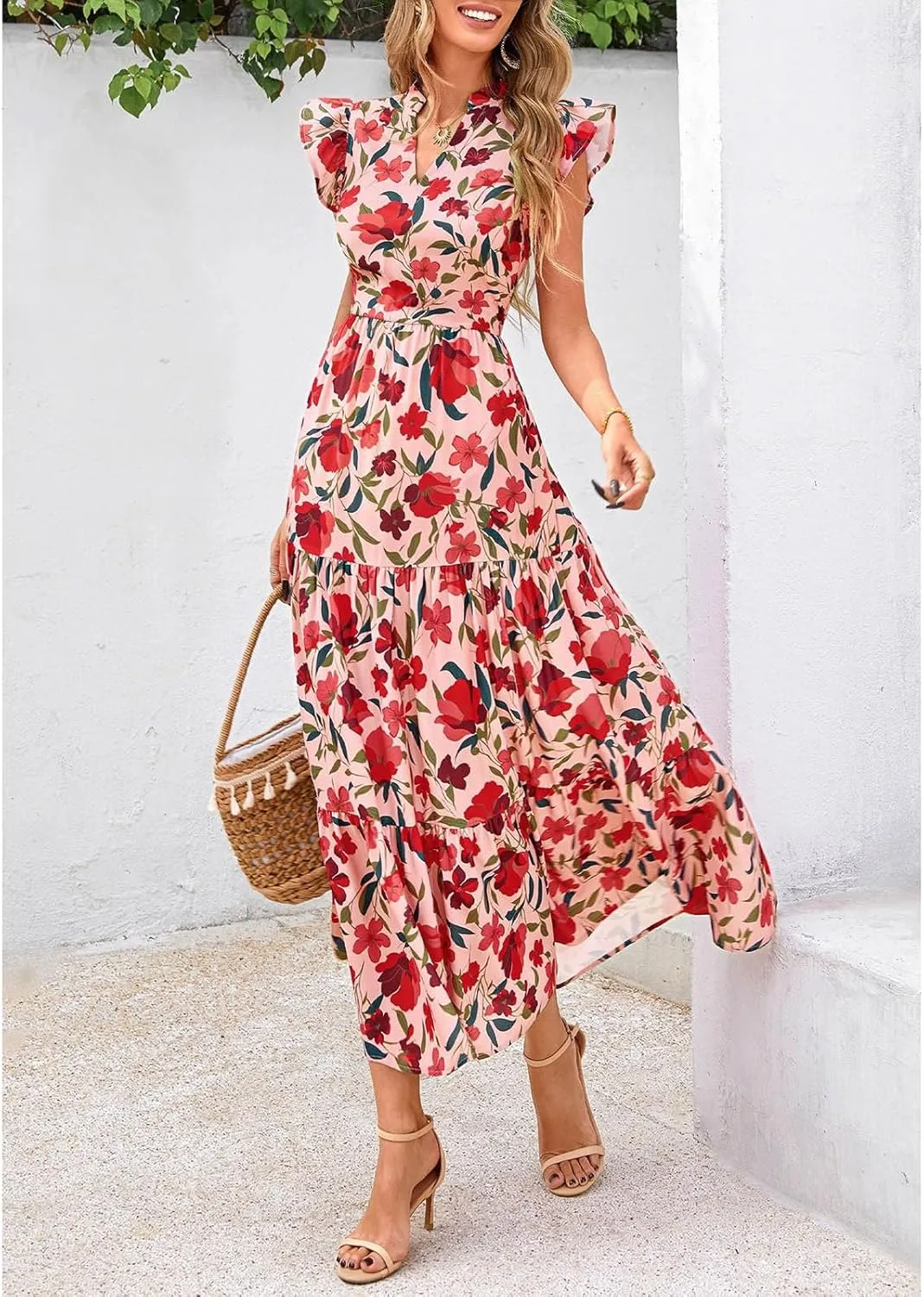 Summer Midi Dresses for Women 2025 Casual Boho Floral Beach Vacation Sundress V Neck Cap Sleeve Flowy Long Dresses