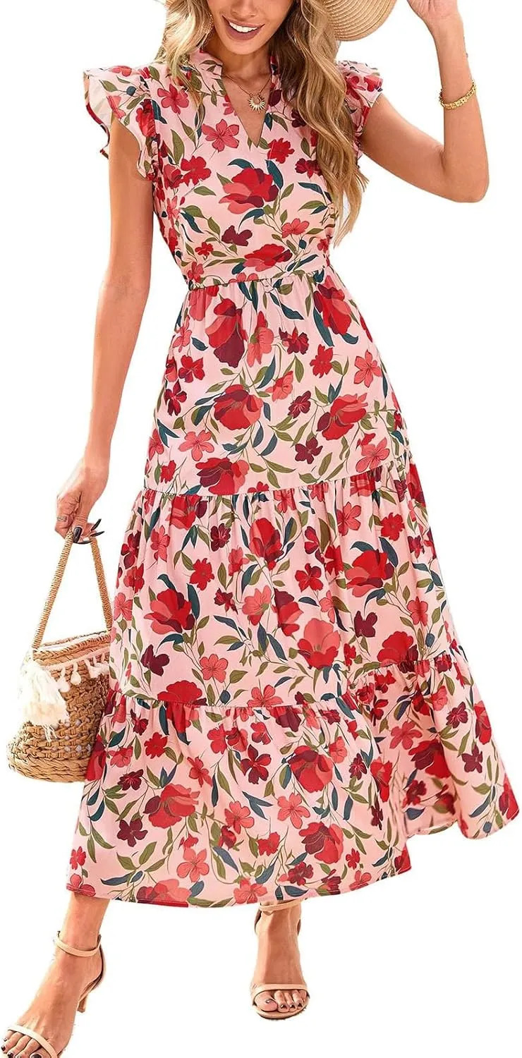 Summer Midi Dresses for Women 2025 Casual Boho Floral Beach Vacation Sundress V Neck Cap Sleeve Flowy Long Dresses