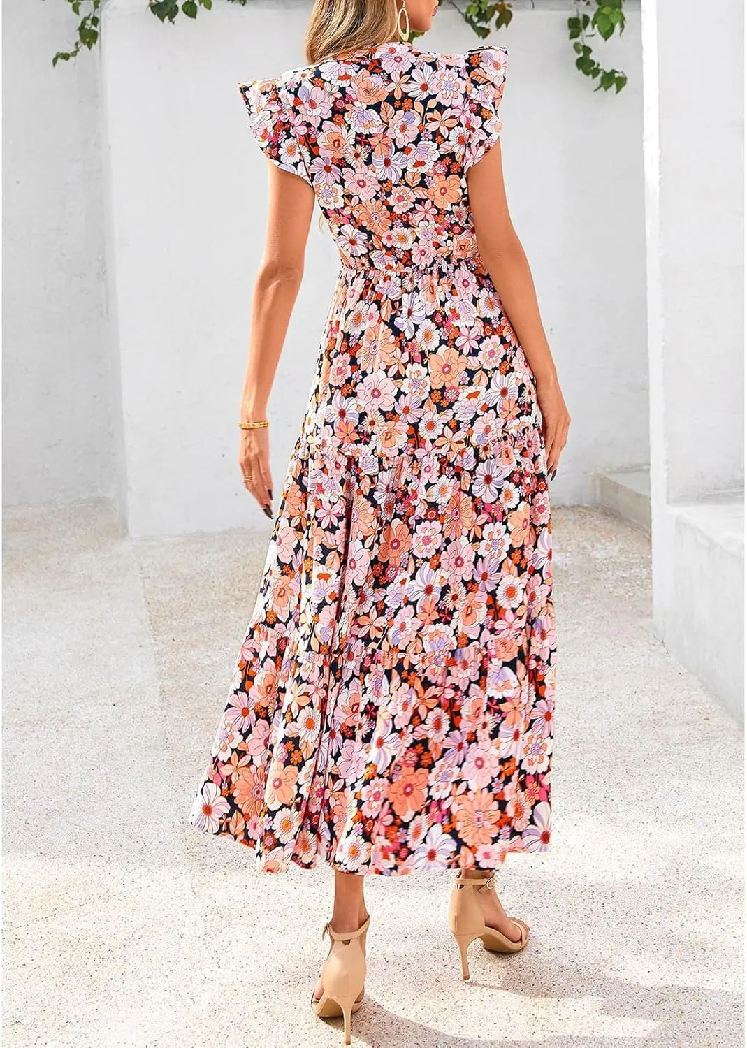Summer Midi Dresses for Women 2025 Casual Boho Floral Beach Vacation Sundress V Neck Cap Sleeve Flowy Long Dresses
