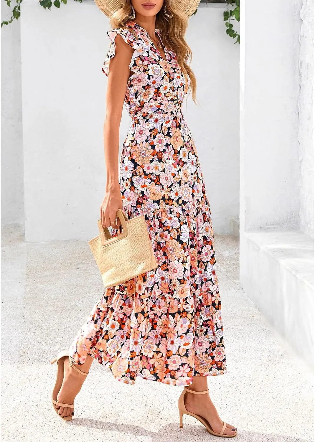 Summer Midi Dresses for Women 2025 Casual Boho Floral Beach Vacation Sundress V Neck Cap Sleeve Flowy Long Dresses