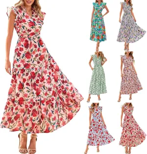 Summer Midi Dresses for Women 2025 Casual Boho Floral Beach Vacation Sundress V Neck Cap Sleeve Flowy Long Dresses