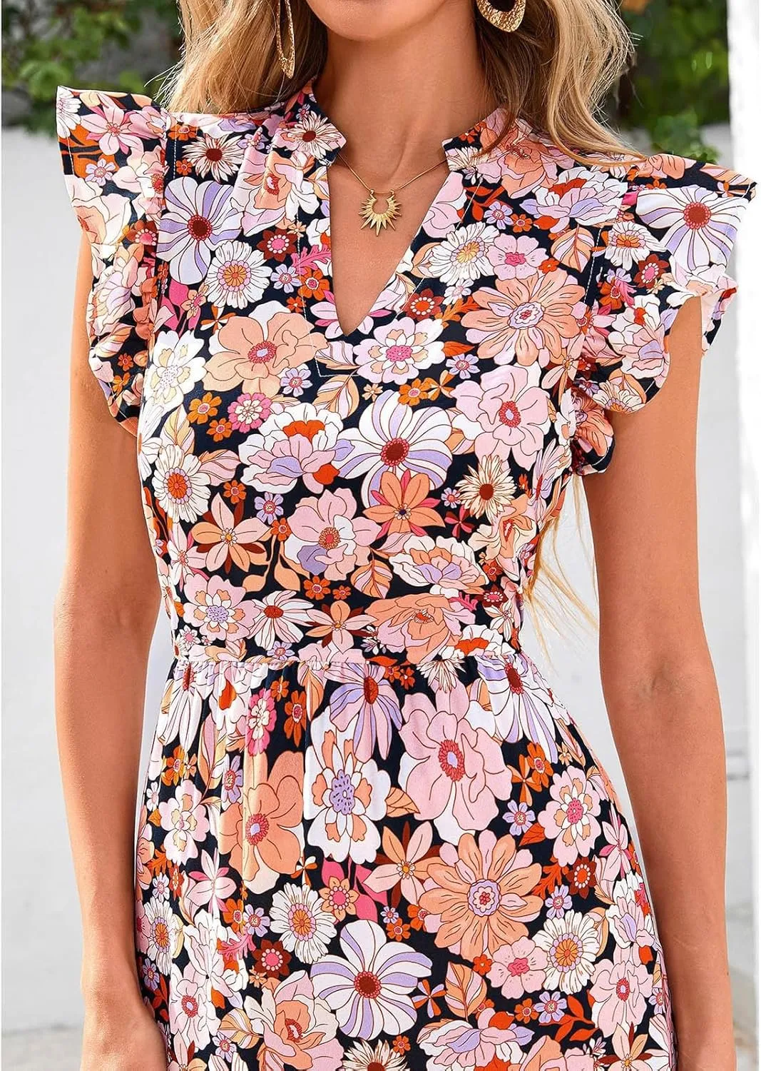 Summer Midi Dresses for Women 2025 Casual Boho Floral Beach Vacation Sundress V Neck Cap Sleeve Flowy Long Dresses