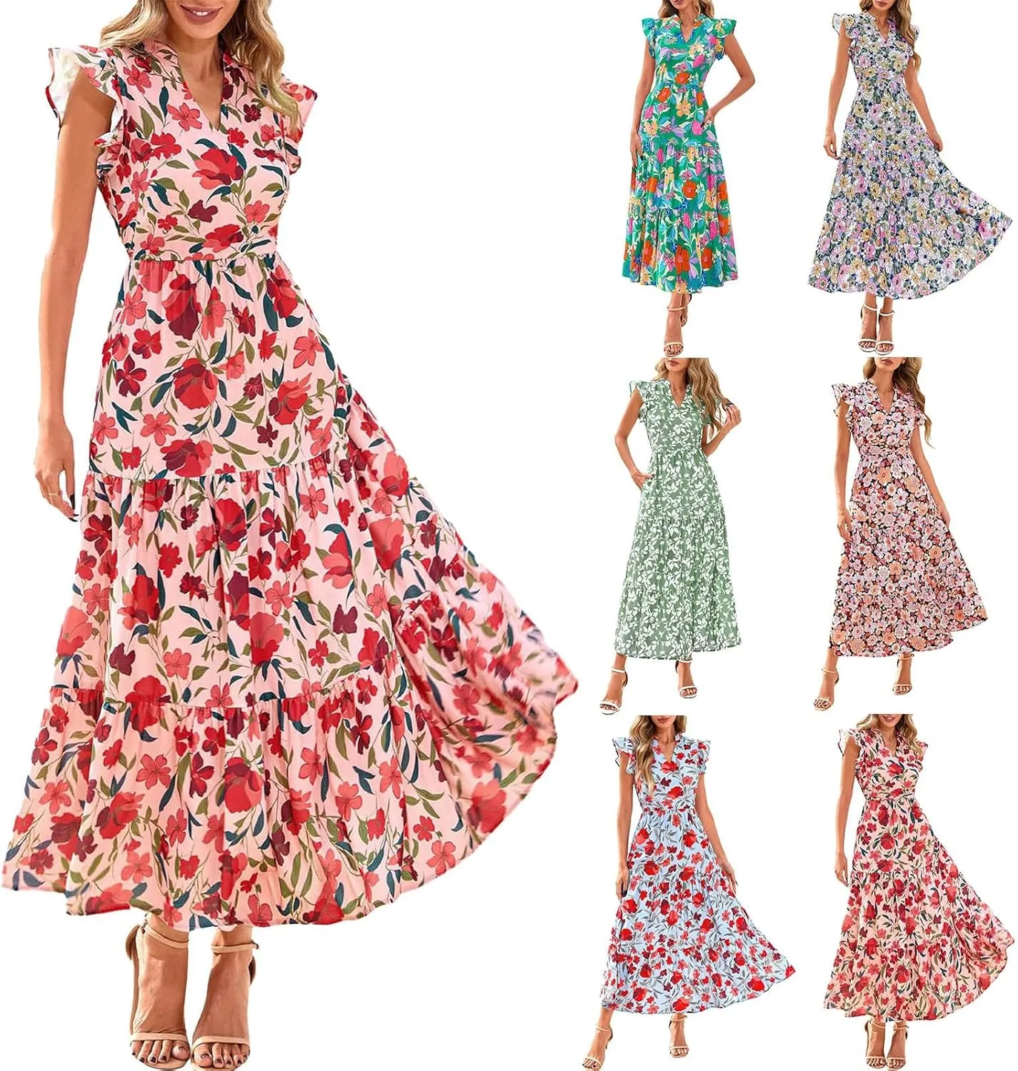 Summer Midi Dresses for Women 2025 Casual Boho Floral Beach Vacation Sundress V Neck Cap Sleeve Flowy Long Dresses