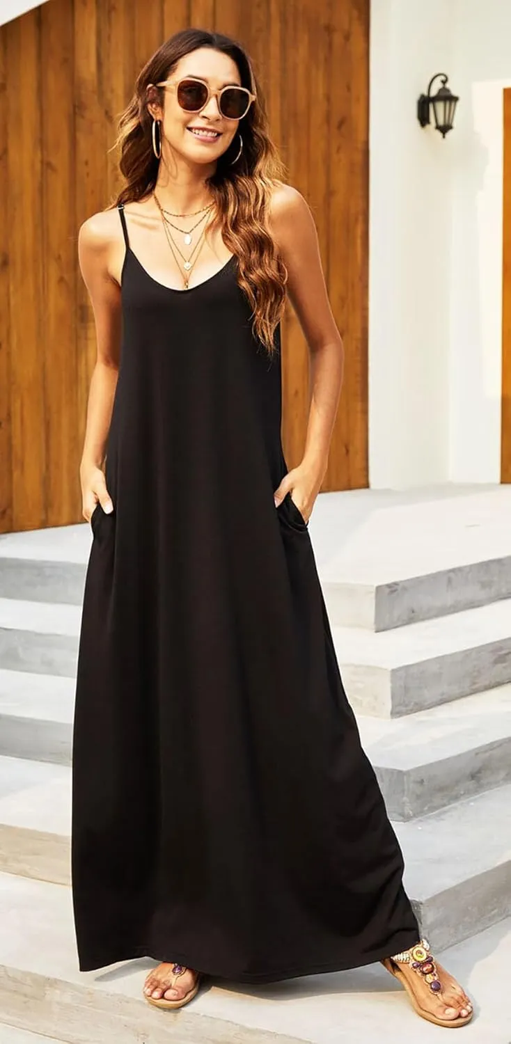 Supnier Women's Summer Maxi Dress Casual V-Neck Sleeveless Bohemian Spaghetti Strap Floral Long Maxi Dress with Pockets