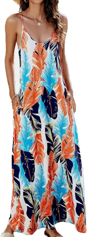 Supnier Women's Summer Maxi Dress Casual V-Neck Sleeveless Bohemian Spaghetti Strap Floral Long Maxi Dress with Pockets