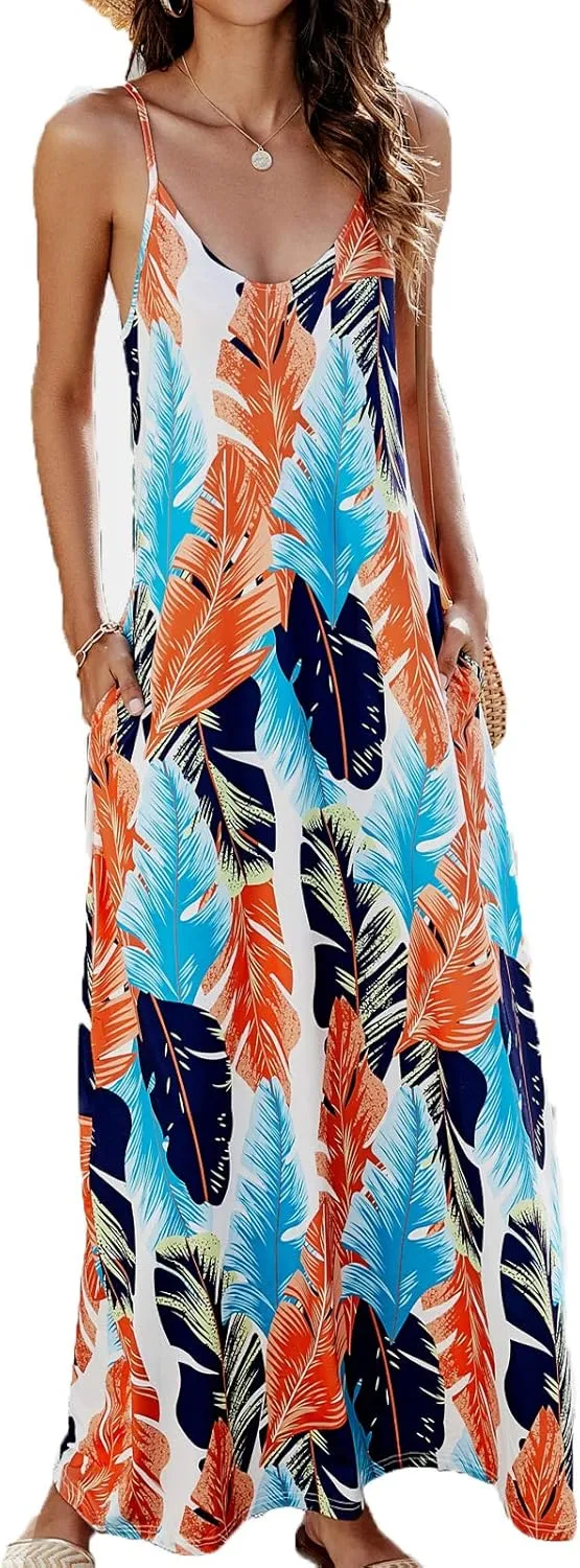 Supnier Women's Summer Maxi Dress Casual V-Neck Sleeveless Bohemian Spaghetti Strap Floral Long Maxi Dress with Pockets
