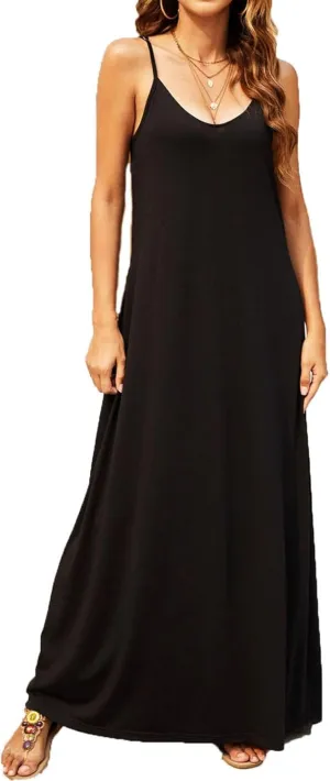 Supnier Women's Summer Maxi Dress Casual V-Neck Sleeveless Bohemian Spaghetti Strap Floral Long Maxi Dress with Pockets