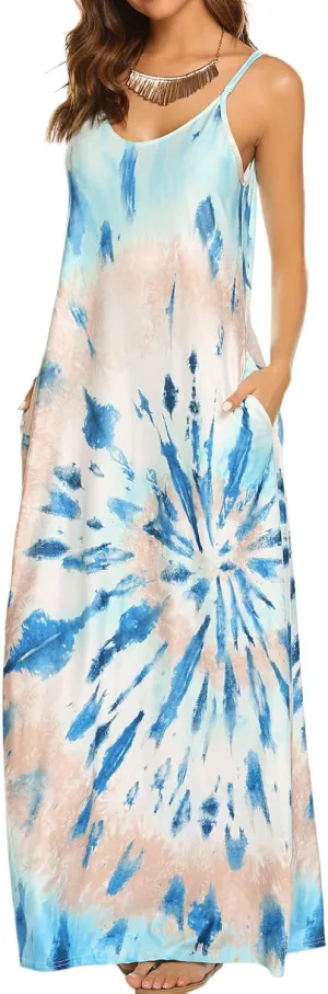 Supnier Women's Summer Maxi Dress Casual V-Neck Sleeveless Bohemian Spaghetti Strap Floral Long Maxi Dress with Pockets
