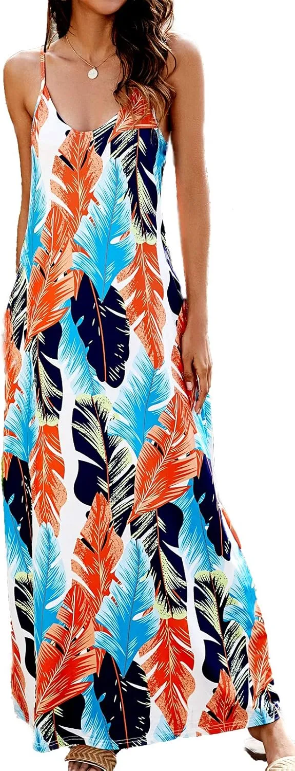 Supnier Women's Summer Maxi Dress Casual V-Neck Sleeveless Bohemian Spaghetti Strap Floral Long Maxi Dress with Pockets