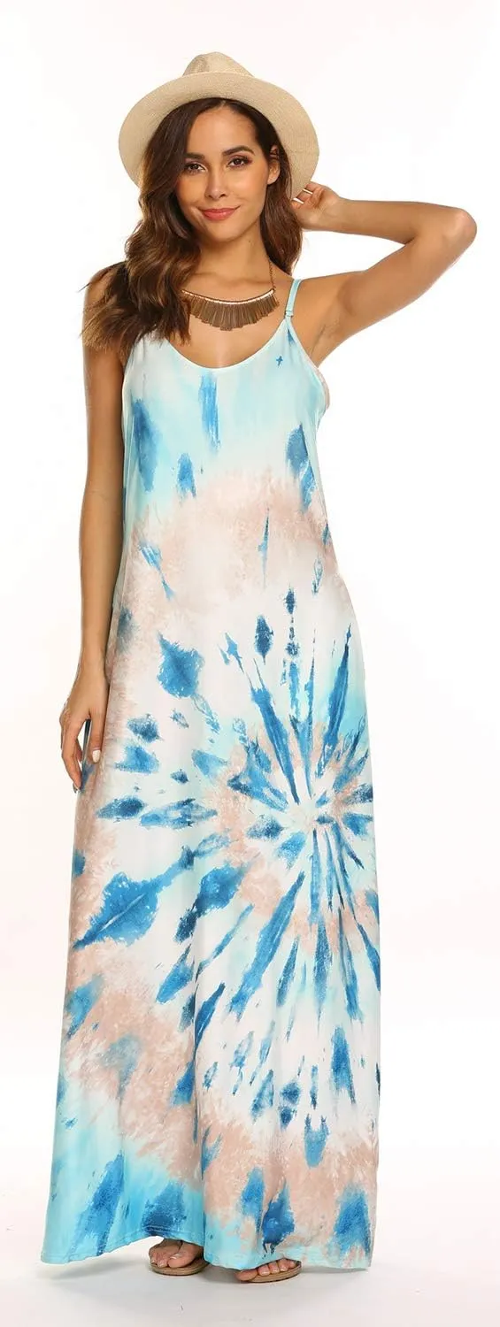 Supnier Women's Summer Maxi Dress Casual V-Neck Sleeveless Bohemian Spaghetti Strap Floral Long Maxi Dress with Pockets