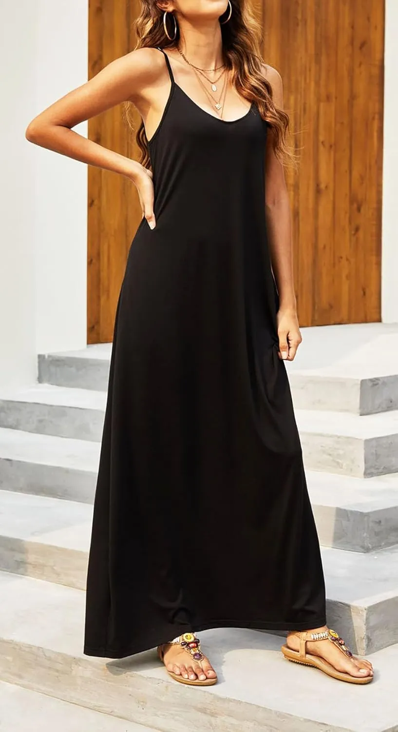 Supnier Women's Summer Maxi Dress Casual V-Neck Sleeveless Bohemian Spaghetti Strap Floral Long Maxi Dress with Pockets