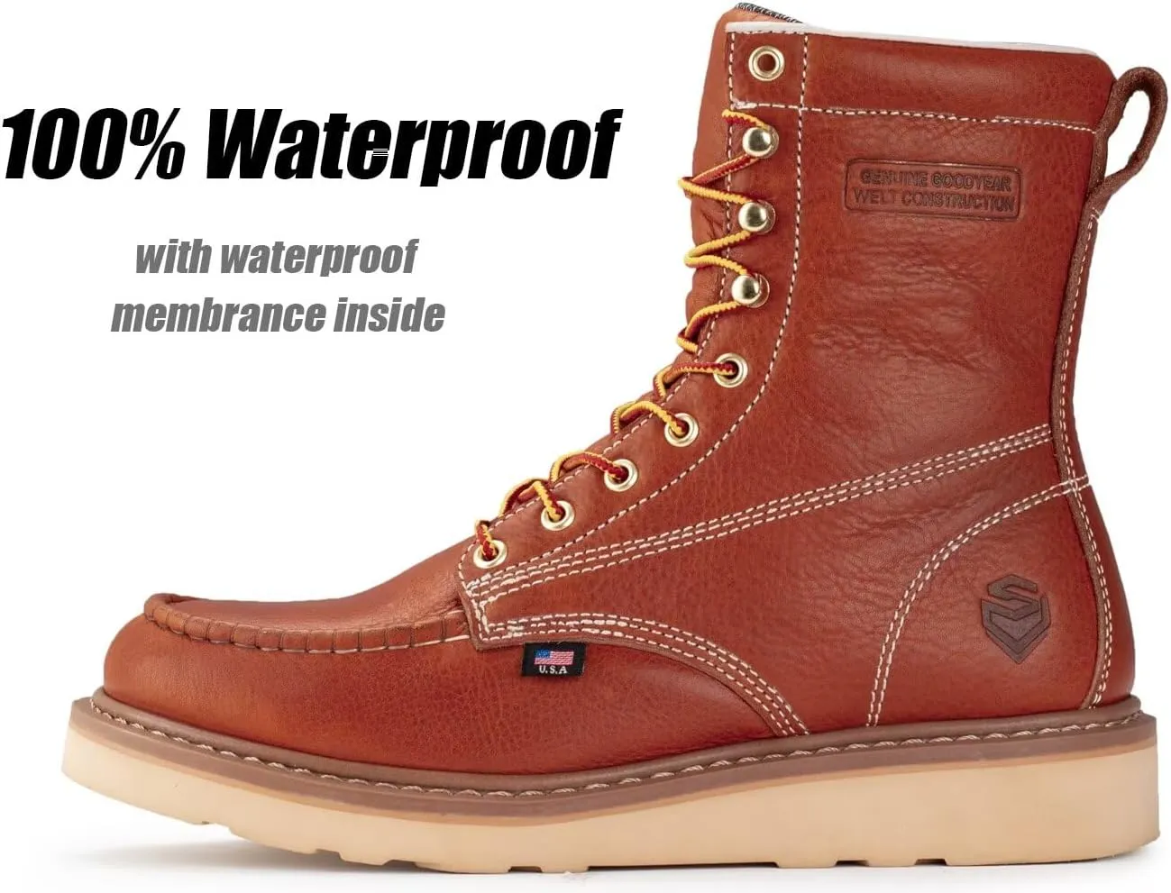 SUREWAY 8in Wedge Moc Toe Work Boots for Men - Soft Toe,Premium Full-Grain Leather,Safety Work Boots/Shoes,Comfort Insole,Oil/Slip Resistant,Real Goodyear,EH Rated Industrial Construction