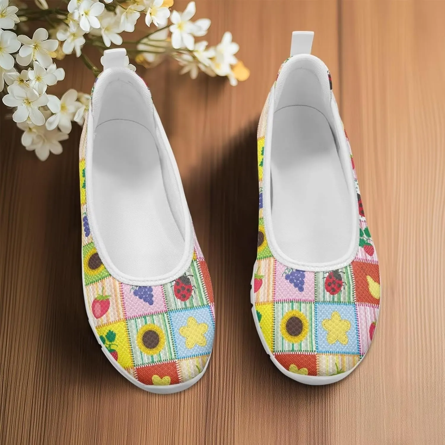 Sweet Fruit Printed Womens Ballet Flats Dress Shoes Slip On Mesh Casual Sneakers Round Toe Platform Loafers Lightweight Office & Travel