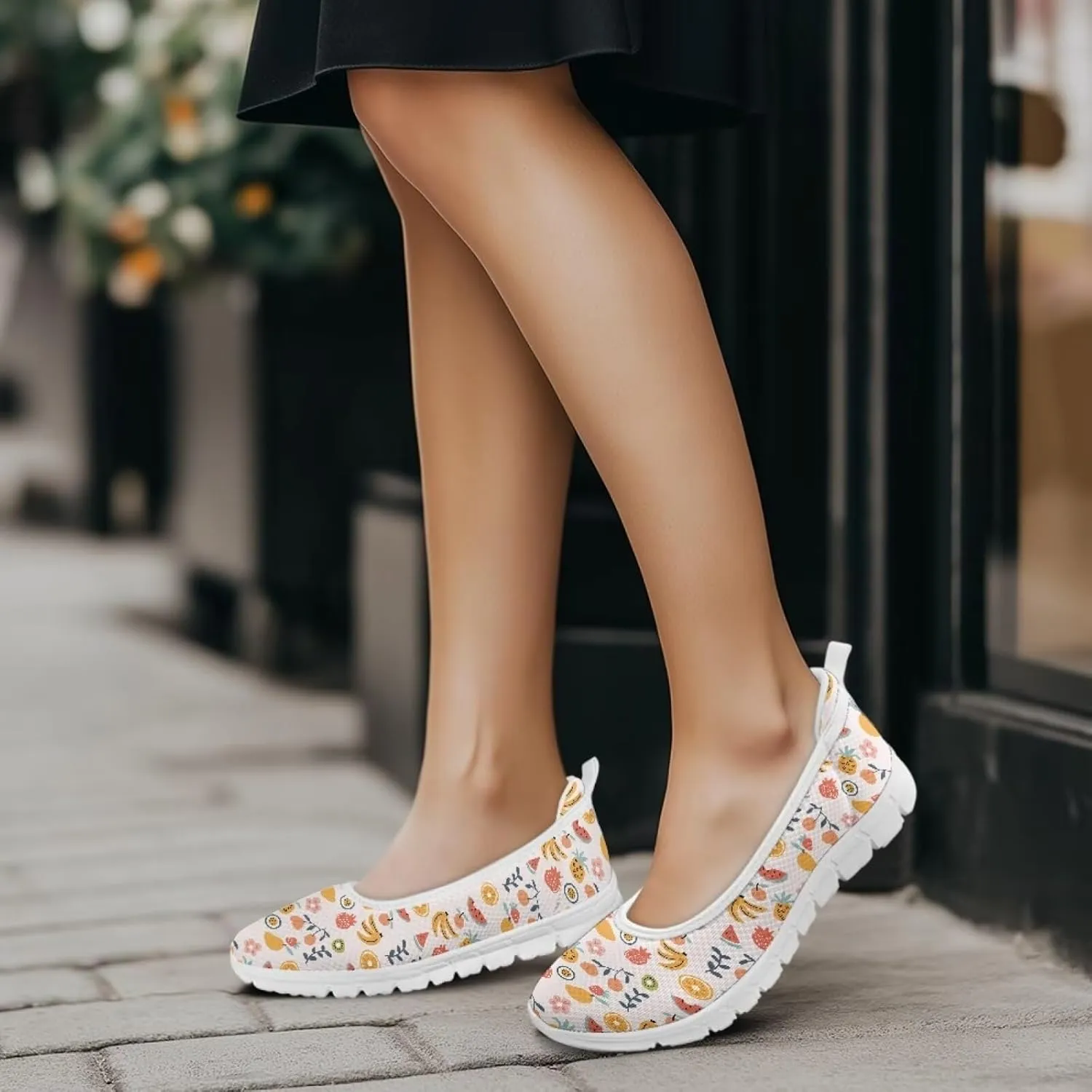 Sweet Fruit Printed Womens Ballet Flats Dress Shoes Slip On Mesh Casual Sneakers Round Toe Platform Loafers Lightweight Office & Travel