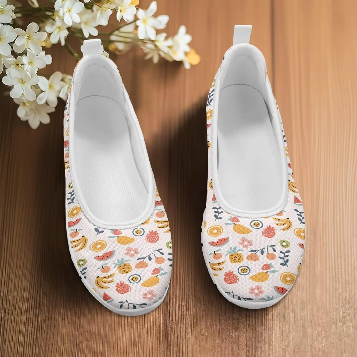 Sweet Fruit Printed Womens Ballet Flats Dress Shoes Slip On Mesh Casual Sneakers Round Toe Platform Loafers Lightweight Office & Travel