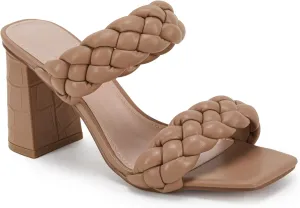 Syktkmx Women's Braided Heeled Sandals Backless Square Open Toe Block Slide Sandals