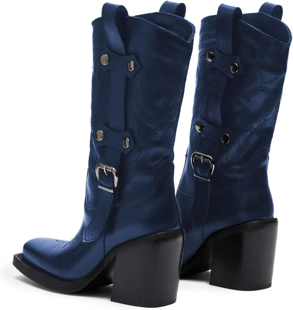 Tang'scuisins Women Stylish Closed Square Toe Slip on Mid Calf Riding Boots Buckle Mid Chunky Block Heels Winter Waterproof Shoes Size 4-16 US