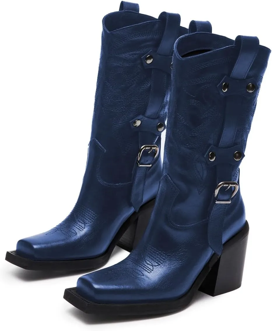 Tang'scuisins Women Stylish Closed Square Toe Slip on Mid Calf Riding Boots Buckle Mid Chunky Block Heels Winter Waterproof Shoes Size 4-16 US