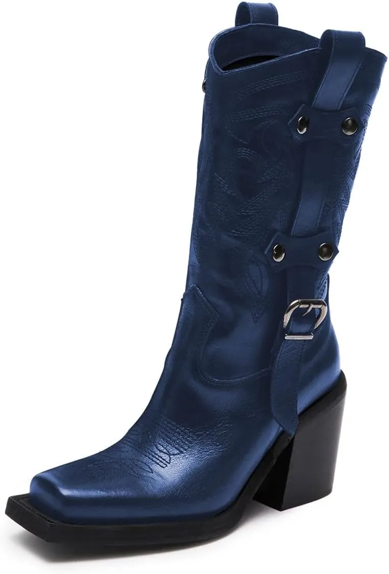 Tang'scuisins Women Stylish Closed Square Toe Slip on Mid Calf Riding Boots Buckle Mid Chunky Block Heels Winter Waterproof Shoes Size 4-16 US
