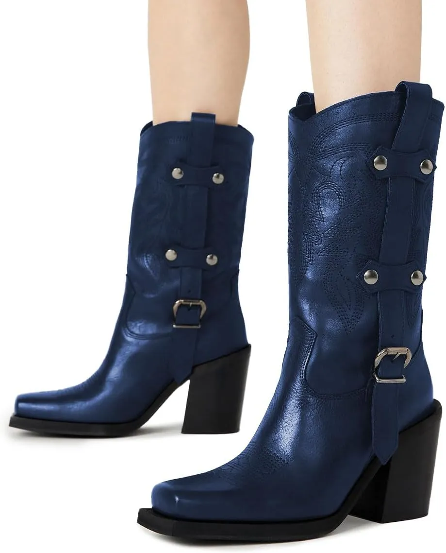 Tang'scuisins Women Stylish Closed Square Toe Slip on Mid Calf Riding Boots Buckle Mid Chunky Block Heels Winter Waterproof Shoes Size 4-16 US