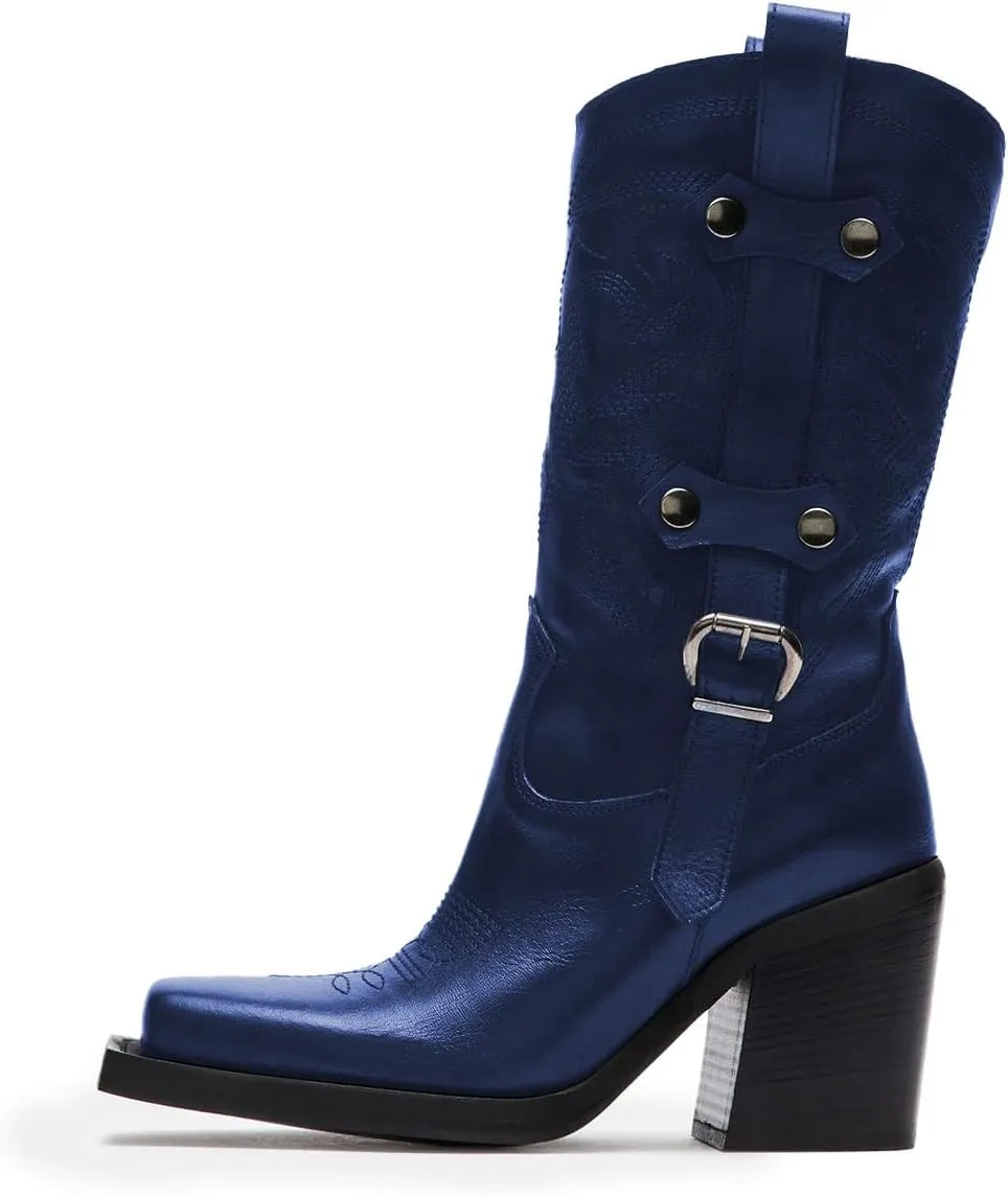 Tang'scuisins Women Stylish Closed Square Toe Slip on Mid Calf Riding Boots Buckle Mid Chunky Block Heels Winter Waterproof Shoes Size 4-16 US