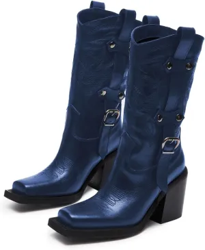 Tang'scuisins Women Stylish Closed Square Toe Slip on Mid Calf Riding Boots Buckle Mid Chunky Block Heels Winter Waterproof Shoes Size 4-16 US