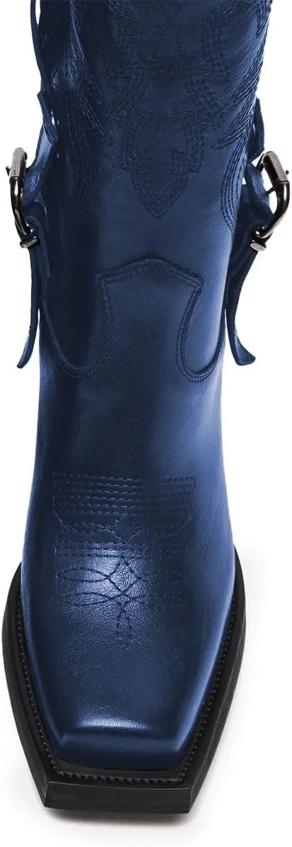 Tang'scuisins Women Stylish Closed Square Toe Slip on Mid Calf Riding Boots Buckle Mid Chunky Block Heels Winter Waterproof Shoes Size 4-16 US