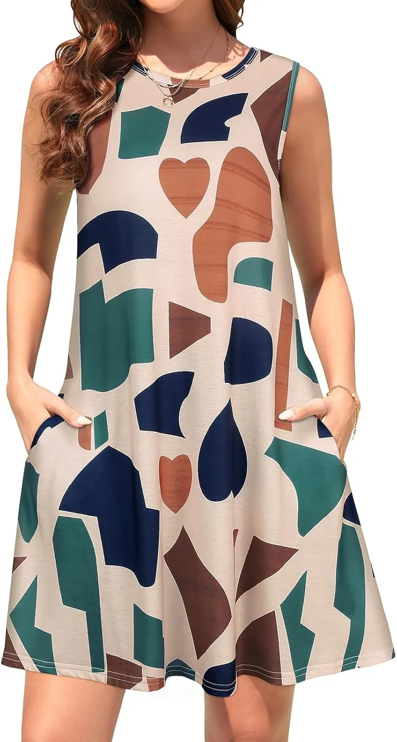 Tanst Sky Summer Dresses for Women 2025 Casual Sleeveless Sundresses Tank Dress Mini Loose Beach Cover Up with Pockets