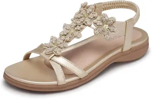 TEMOFON Flats Sandals for Women Dressy: Summer Elastic Ankle Strap Flat Sandals - Comfortable Beach Women