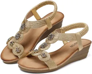 TEMOFON Womens Wedge Dressy Sandals: Elastic Ankle Strap Sandals - Summer Beach Open Toe - Comfortable Walking Sandals Size 5-11