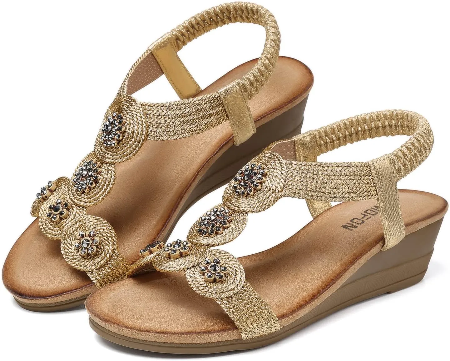 TEMOFON Womens Wedge Dressy Sandals: Elastic Ankle Strap Sandals - Summer Beach Open Toe - Comfortable Walking Sandals Size 5-11