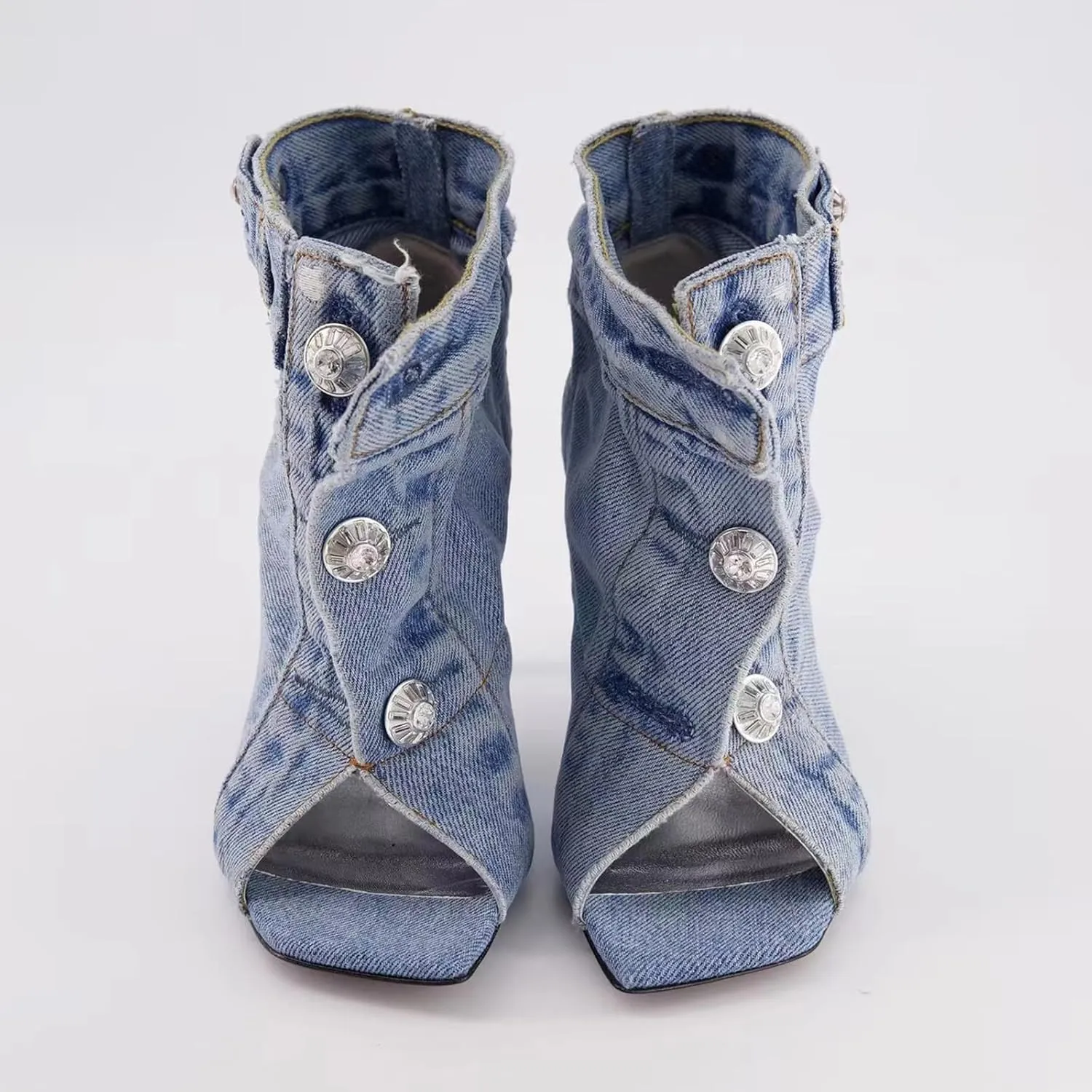 THESHY Women's Peep Toe Stiletto High Heel Ankle Denim Boots Metal Button Sandals Bootie Fashion Shoes for Women