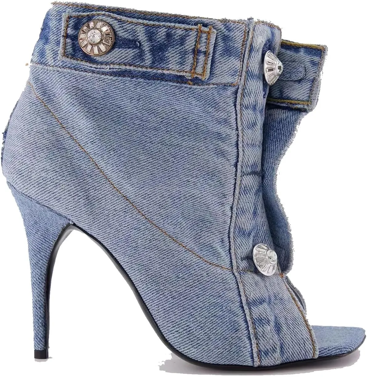 THESHY Women's Peep Toe Stiletto High Heel Ankle Denim Boots Metal Button Sandals Bootie Fashion Shoes for Women