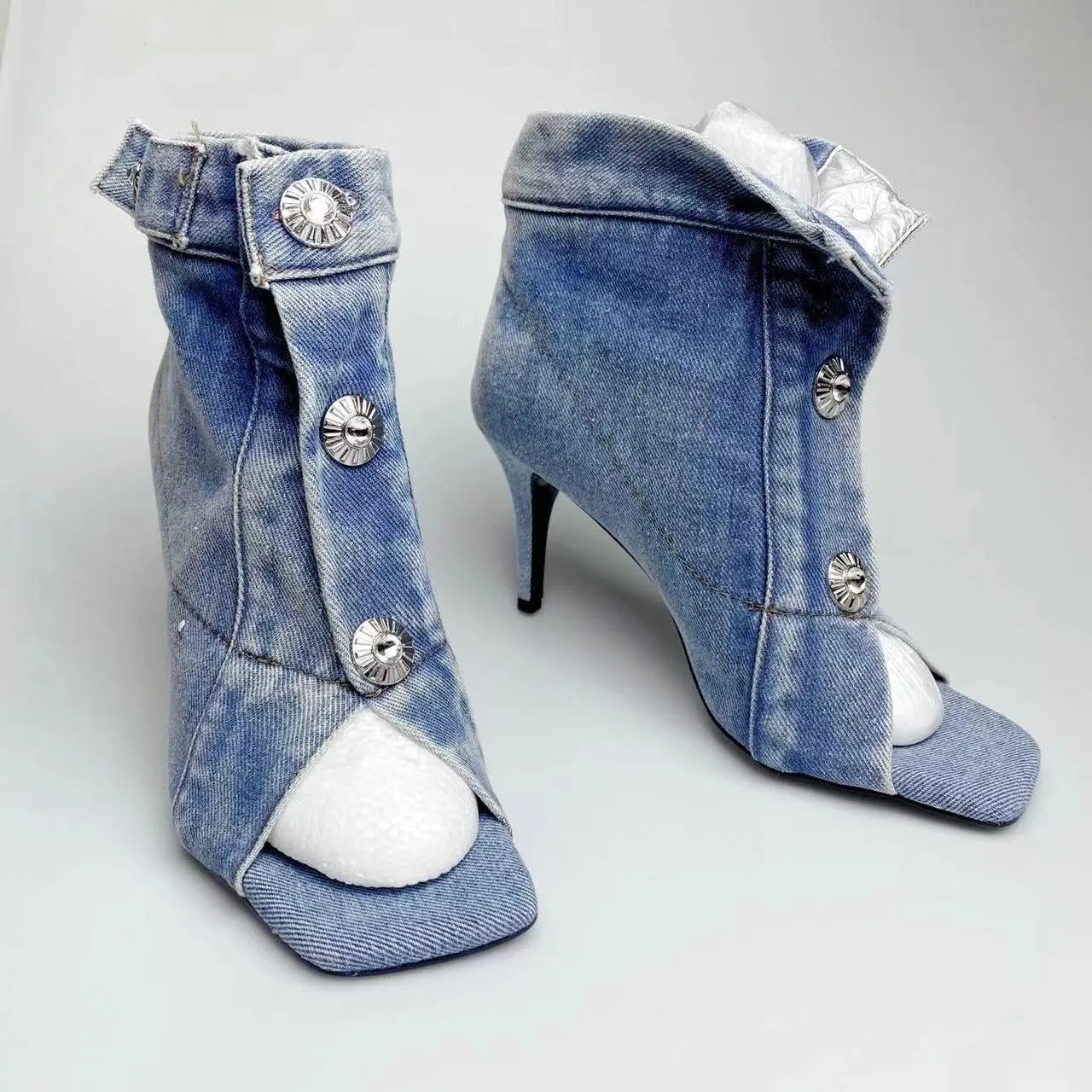 THESHY Women's Peep Toe Stiletto High Heel Ankle Denim Boots Metal Button Sandals Bootie Fashion Shoes for Women