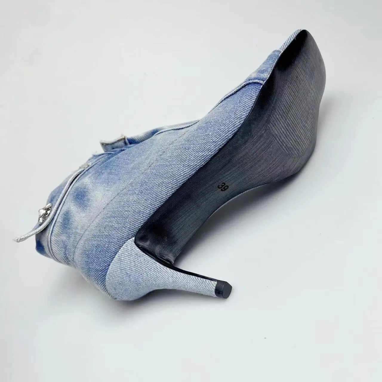 THESHY Women's Peep Toe Stiletto High Heel Ankle Denim Boots Metal Button Sandals Bootie Fashion Shoes for Women