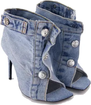 THESHY Women's Peep Toe Stiletto High Heel Ankle Denim Boots Metal Button Sandals Bootie Fashion Shoes for Women